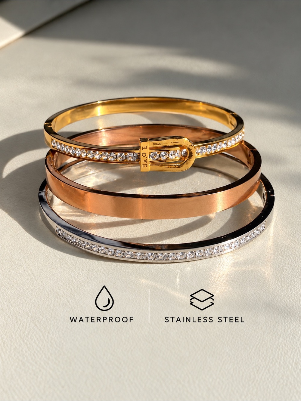 Stackable Love Bangle Bracelet Set - Gold, Rose Gold, Silver
